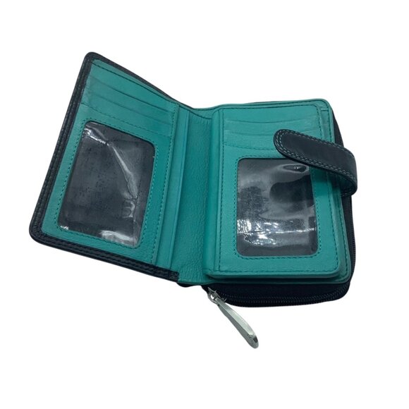 VISCONTI Black Teal Real Leather Wallet Snap Close Zip 6"x3.5" Credit Cards - Picture 4 of 5